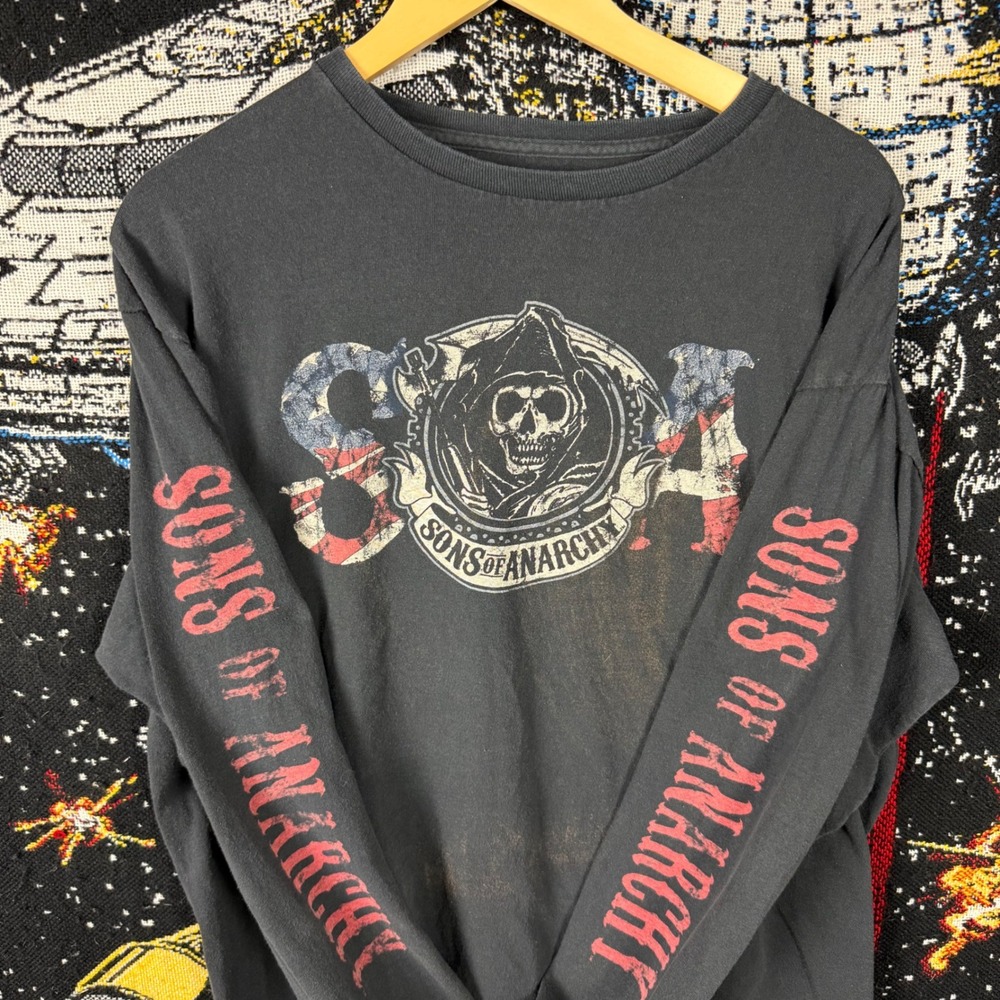 Sons of Anarchy SOA Long Sleeve Graphic Tee Faded Black Biker Reaper Shirt XL